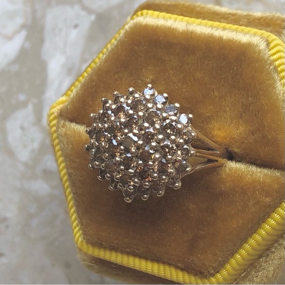 1.50 Carat Cognac Diamond Yellow Gold Cluster Cocktail Vintage Modern Ring - Picture 6 of 11